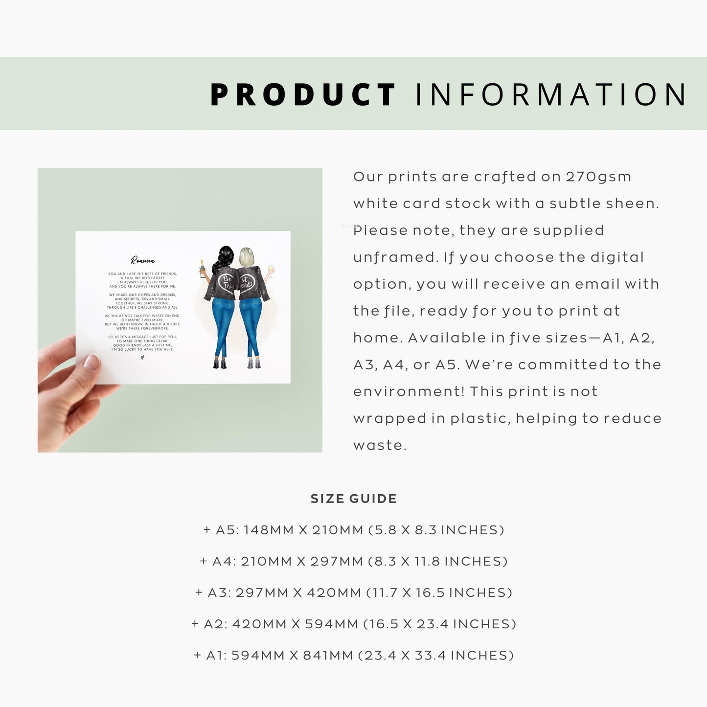 Product information graphic featuring text on the right details the print’s paper quality (270gsm white card stock), size options (A1 to A5), and environmental commitment.