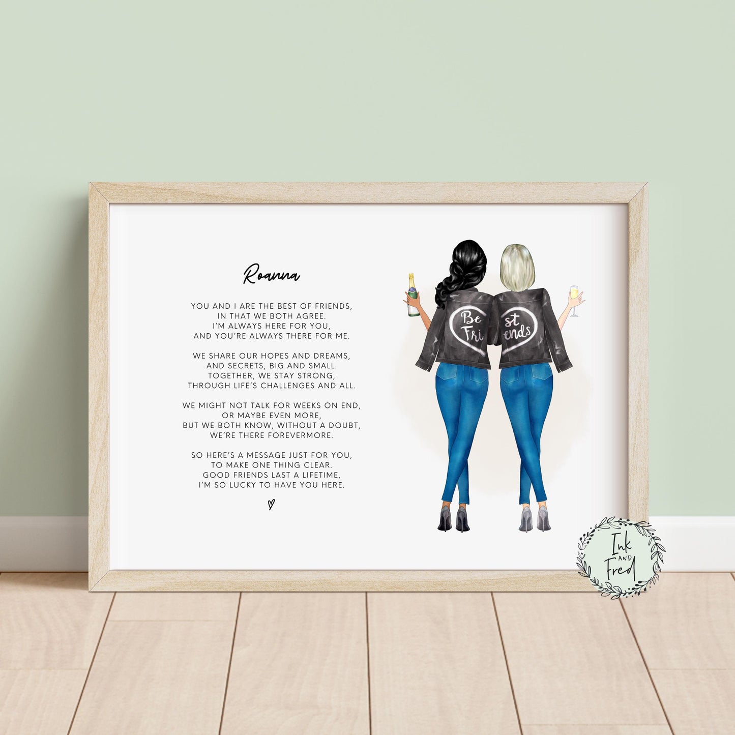 Personalised best friend print featuring two female figures standing side by side. Customisable elements include skin tone, hairstyles, jackets, jeans, and accessories. Print includes a heartfelt poem celebrating friendship. Perfect for gifting.