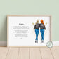 Personalised sisters print featuring two female figures standing side by side. Customisable elements include skin tone, hairstyles, jackets, jeans, and accessories. Print includes a heartfelt poem celebrating being sisters. Perfect for gifting.