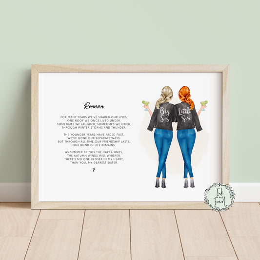 Personalised sisters print featuring two female figures standing side by side. Customisable elements include skin tone, hairstyles, jackets, jeans, and accessories. Print includes a heartfelt poem celebrating being sisters. Perfect for gifting.