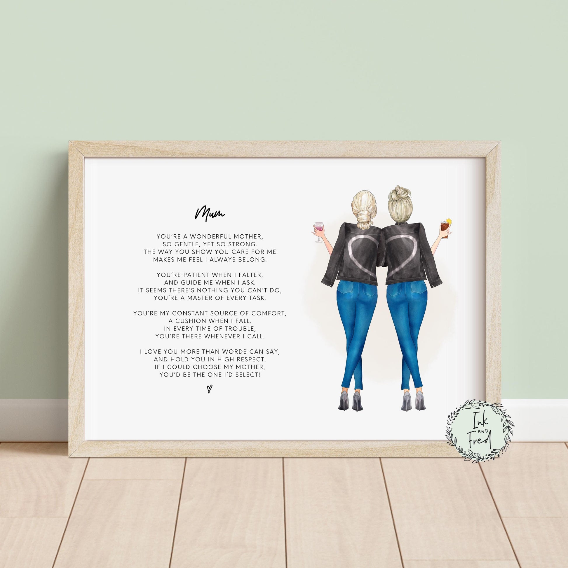 Personalised print showing two women with their backs turned, wearing matching jackets with heart designs. One holds a glass of wine, the other a cupcake. A heartfelt poem about motherhood is displayed on the left. The print is titled ‘Mum.