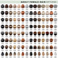 Adult female hair options chart with various hairstyles and colours. Includes short, medium, and long styles in different shades.