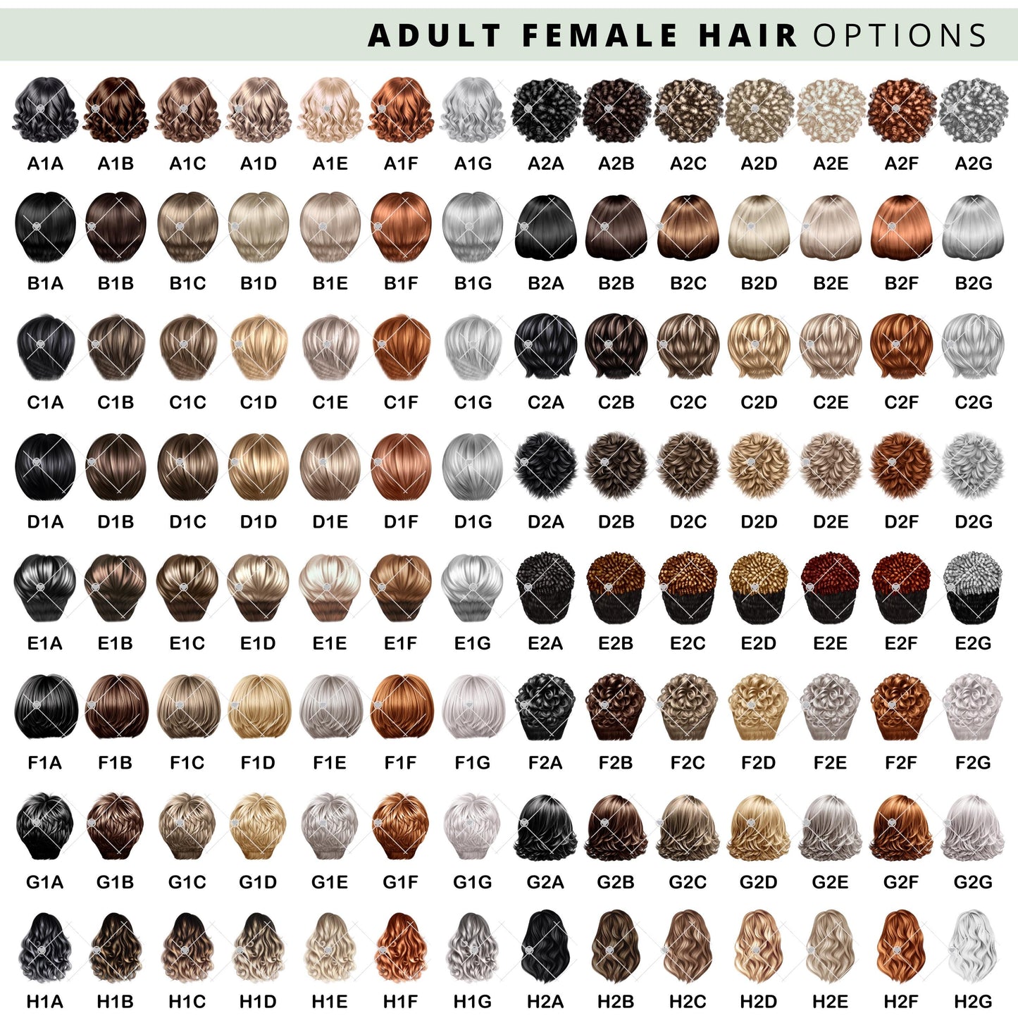 Adult female hair options chart with various hairstyles and colours. Includes short, medium, and long styles in different shades.