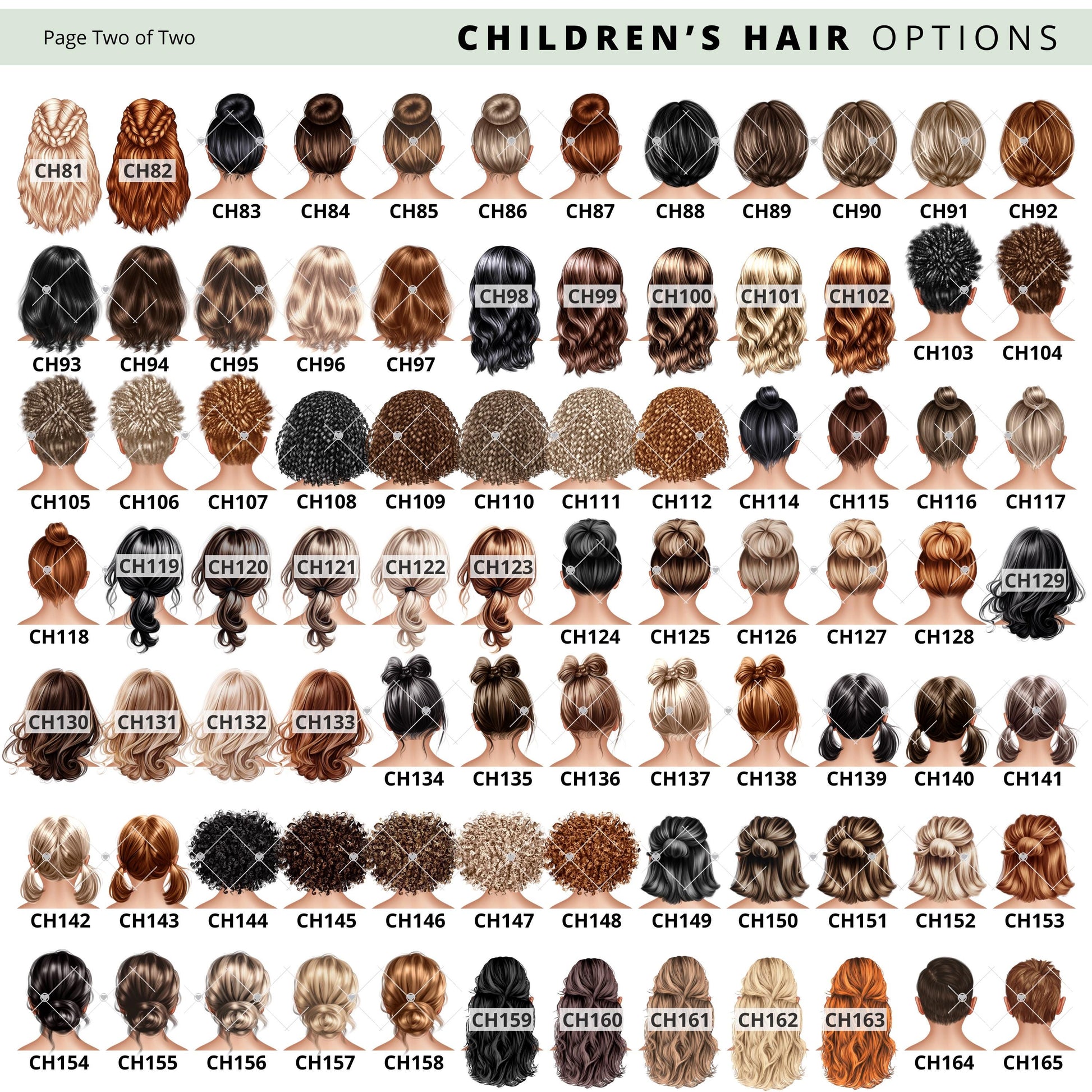 Childrens hair options chart with various hairstyles and colours. Includes short, medium, and long styles in different shades.