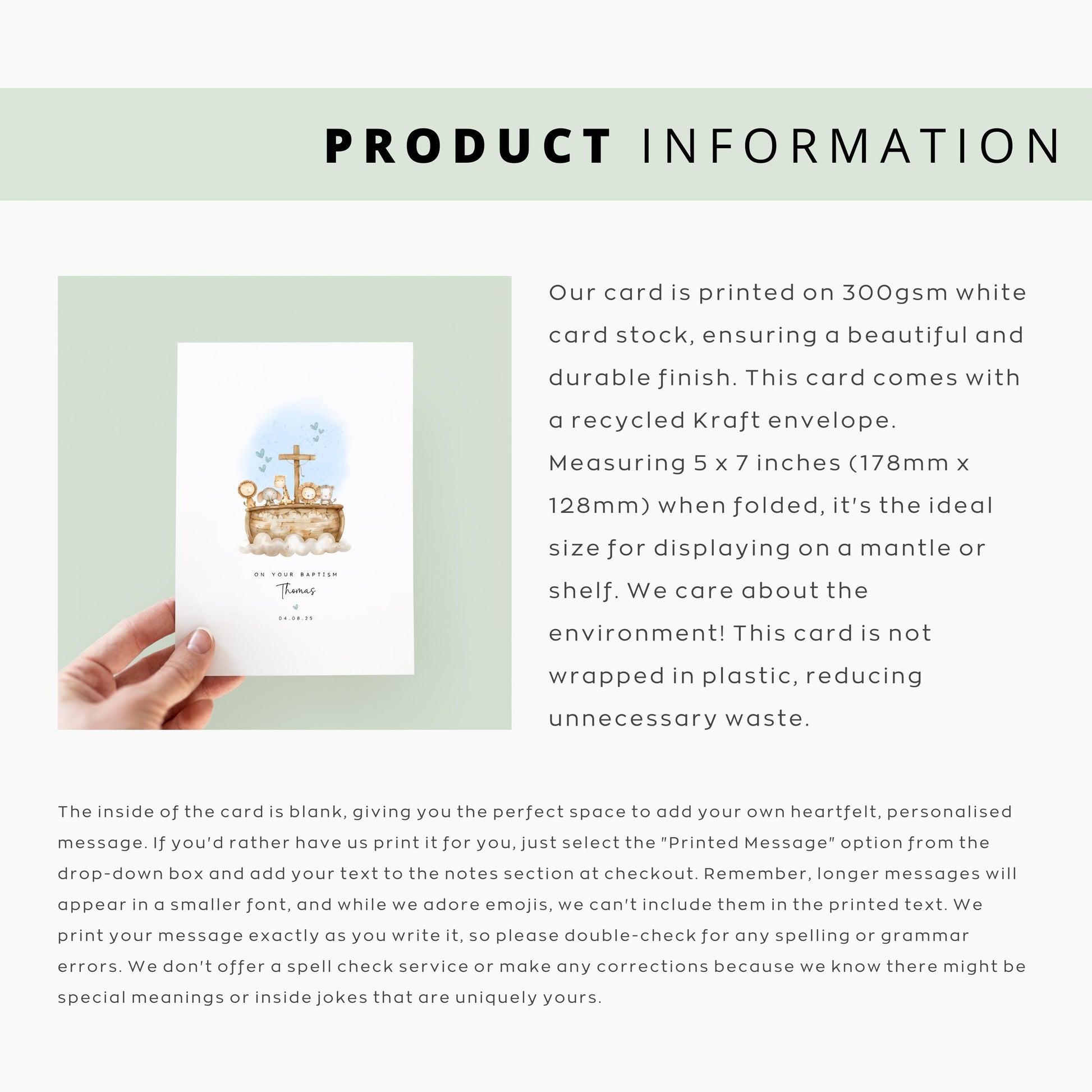 Product information graphic featuring a Baptism and Christening card. The card is printed on 300gsm white card stock and comes with a recycled Kraft envelope. The card measures 5x7 inches.