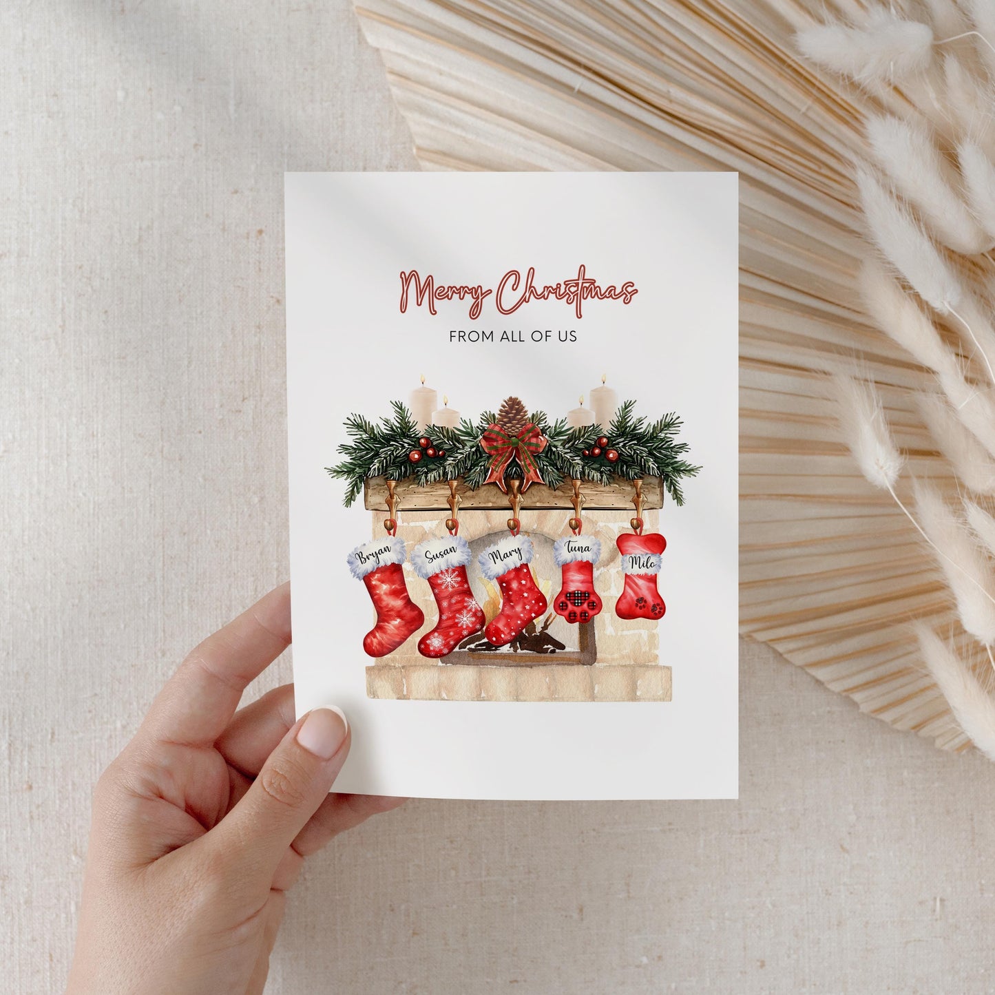 Custom family Christmas cards with festive stocking designs