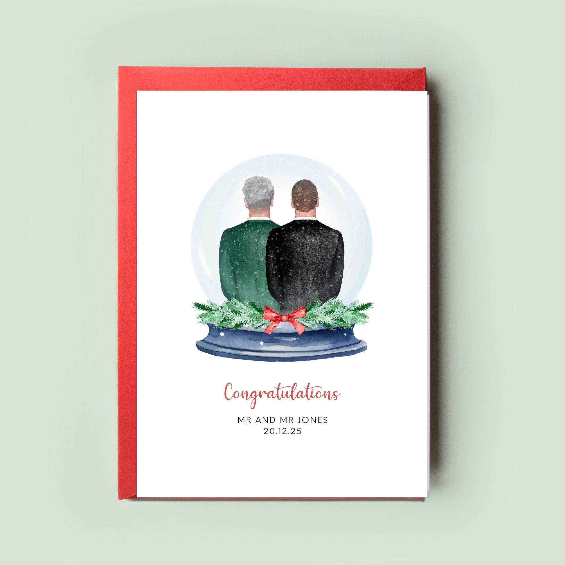 Personalised Christmas groom and groom wedding card with snow globe design