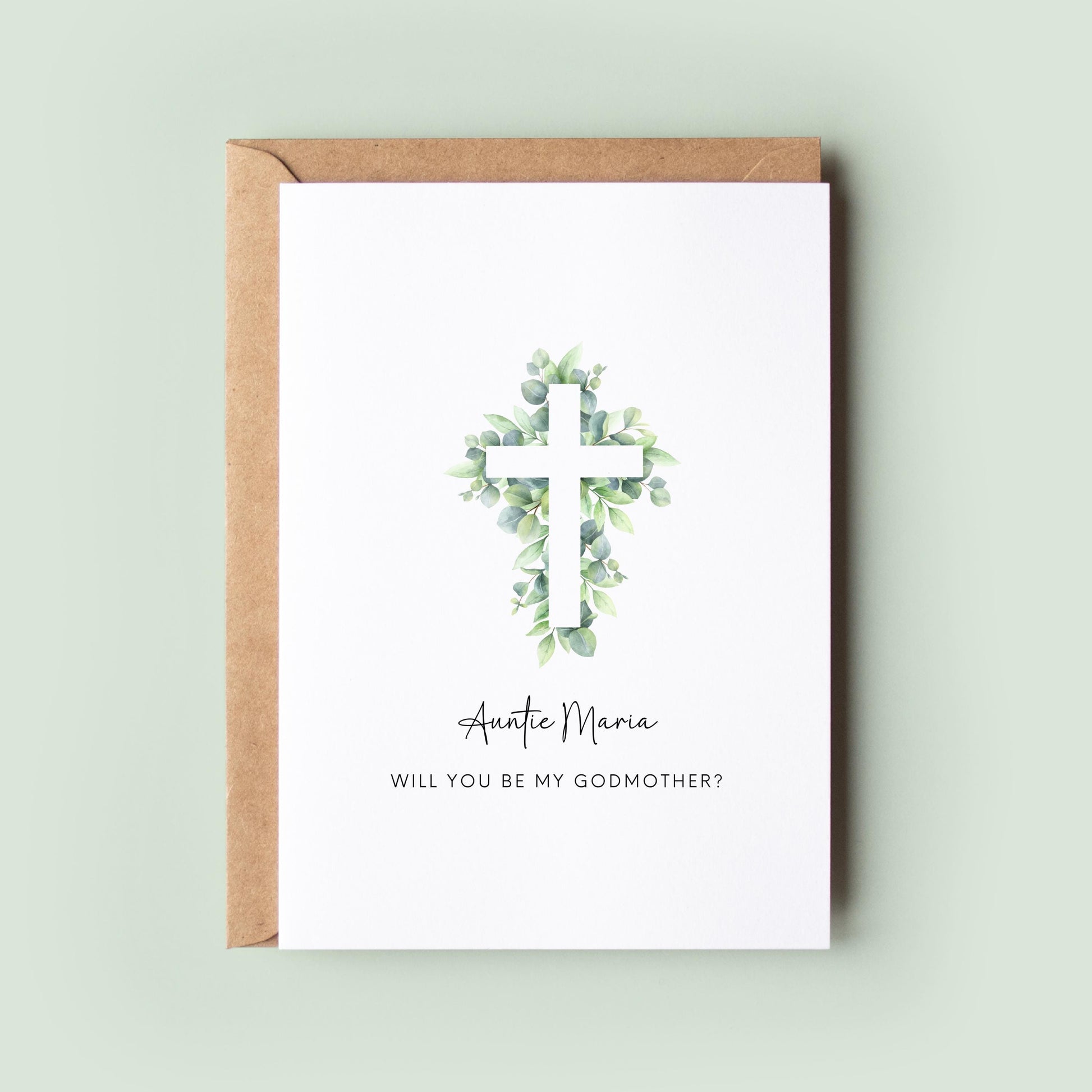 Personalised Godmother Proposal Card with Eucalyptus Cross