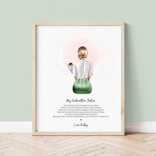 Personalised Godmother keepsake print featuring custom names and heartfelt message.