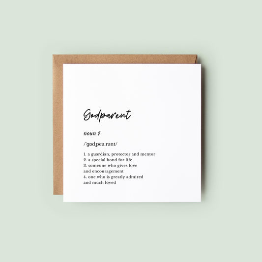Minimalist godparent definition card with modern typography on textured card. Ideal for godparent proposal, Christening, or naming day gift.