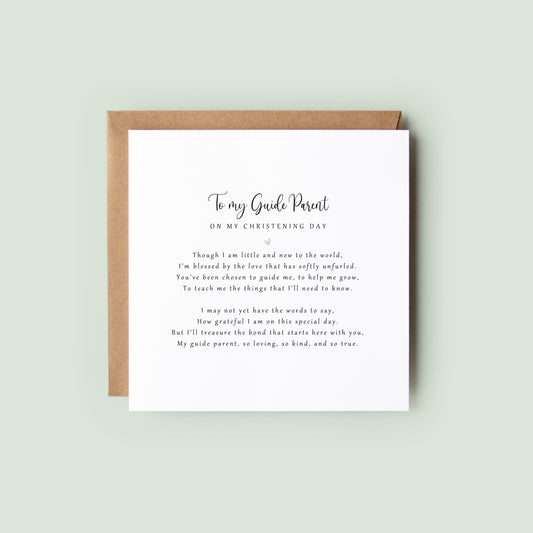 Personalised christening day poem card from baby to guide parent, printed on eco-friendly card with kraft envelope.