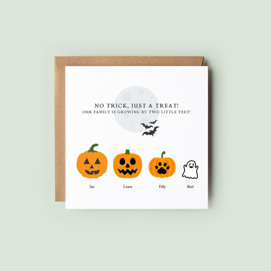 Personalised Halloween pregnancy announcement card with pumpkins and a ghost representing family members, and the phrase “Our family is growing by two little feet!”