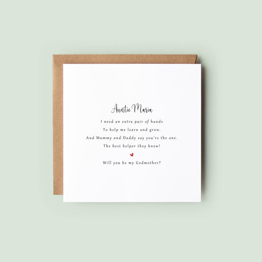 Personalised godmother proposal card with poem, featuring the recipient’s name and a heart accent, displayed with a kraft envelope and soft floral styling.
