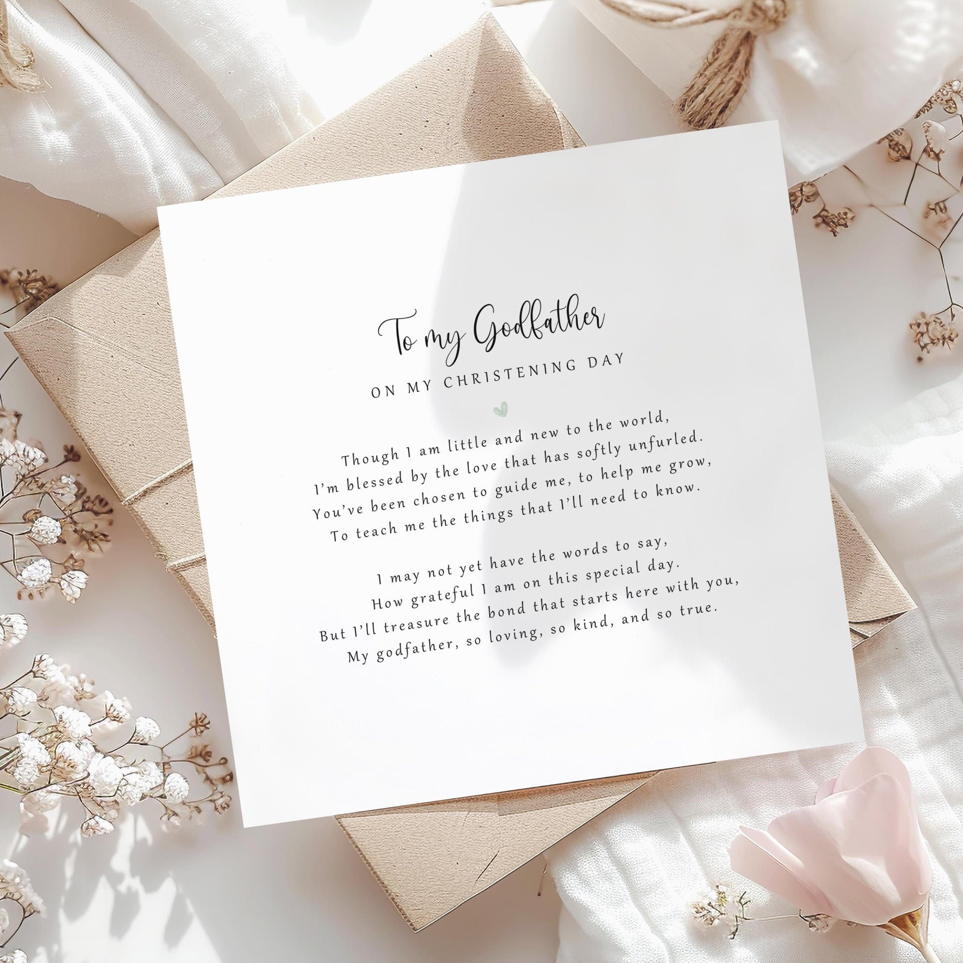 Personalised christening day poem card from baby to godfather, printed on recycled card with kraft envelope.