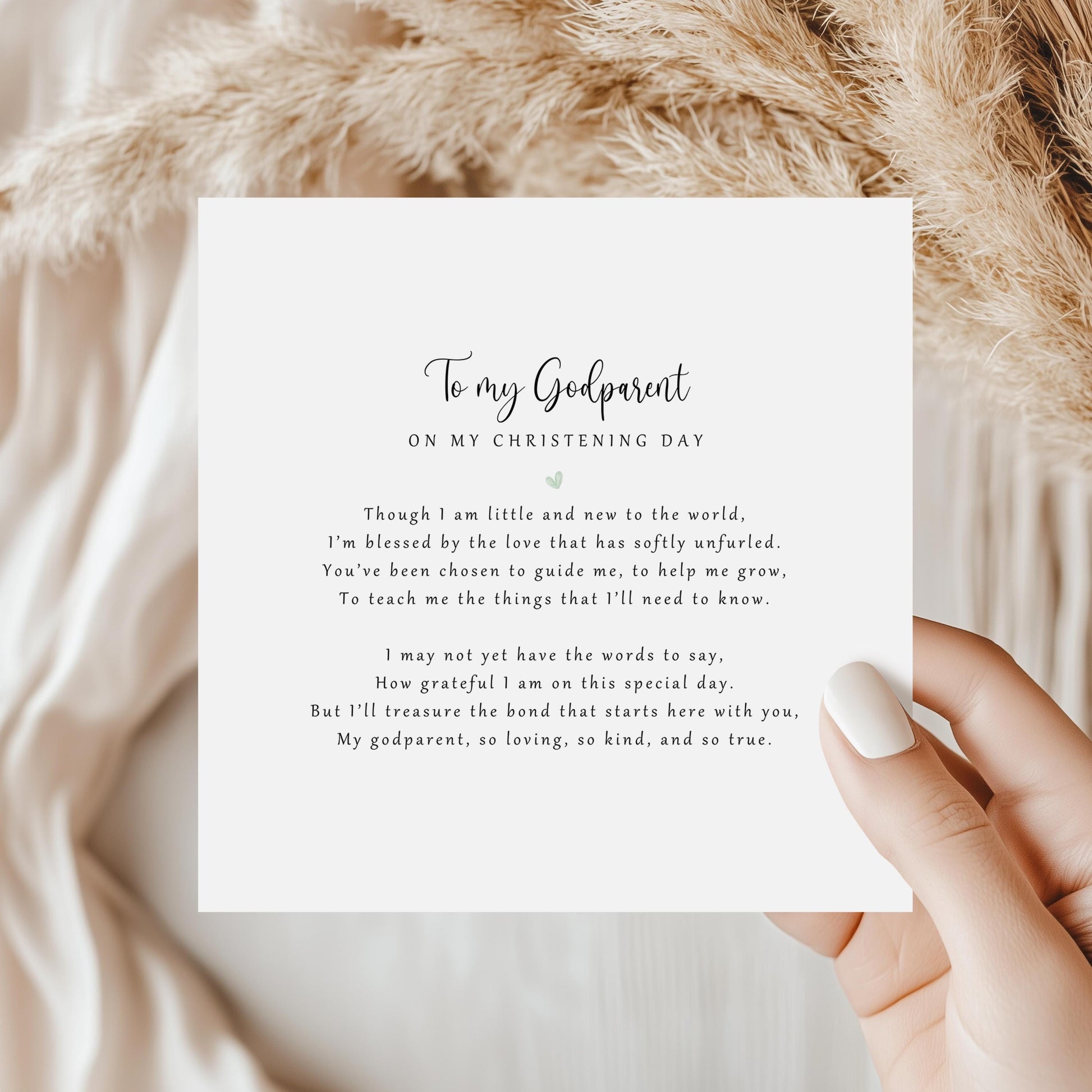 Personalised christening day poem card from baby to godparent, printed on eco-friendly card with kraft envelope.