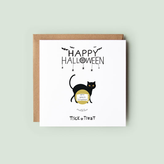 Halloween scratch card with a black cat and gold scratch-to-reveal area that uncovers a gift message.