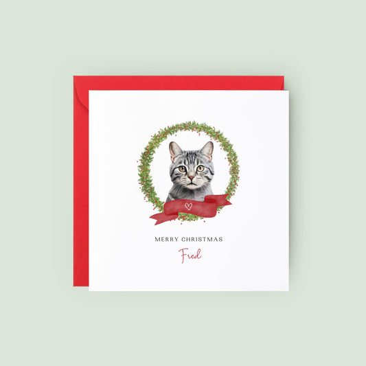 Personalised American Shorthair cat Christmas card with festive wreath and ribbon. Custom pet card for cat mums, cat dads, or sitters.