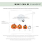 Personalised Halloween pregnancy announcement card featuring a pumpkin family with names and a ghost baby, and the message “Our family is growing by two little feet.”
