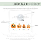 Personalised Halloween pregnancy announcement card with pastel pumpkins representing family members and a baby pumpkin with “Happy Halloween” and names underneath.