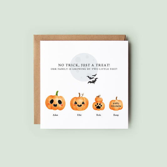 Personalised Halloween pregnancy announcement card with pastel pumpkins representing family members and a baby pumpkin with “Happy Halloween” and names underneath.