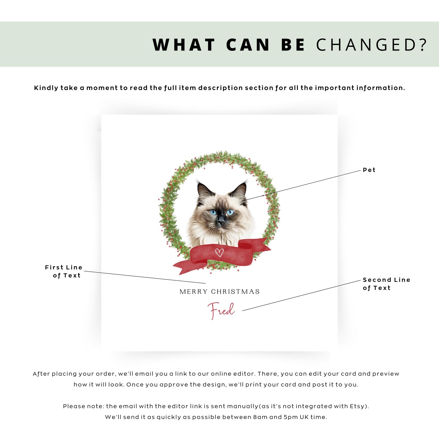 Personalised Birman cat Christmas card featuring festive illustration. Ideal gift or greeting from the cat to Cat Mum, Dad, or Sitter.
