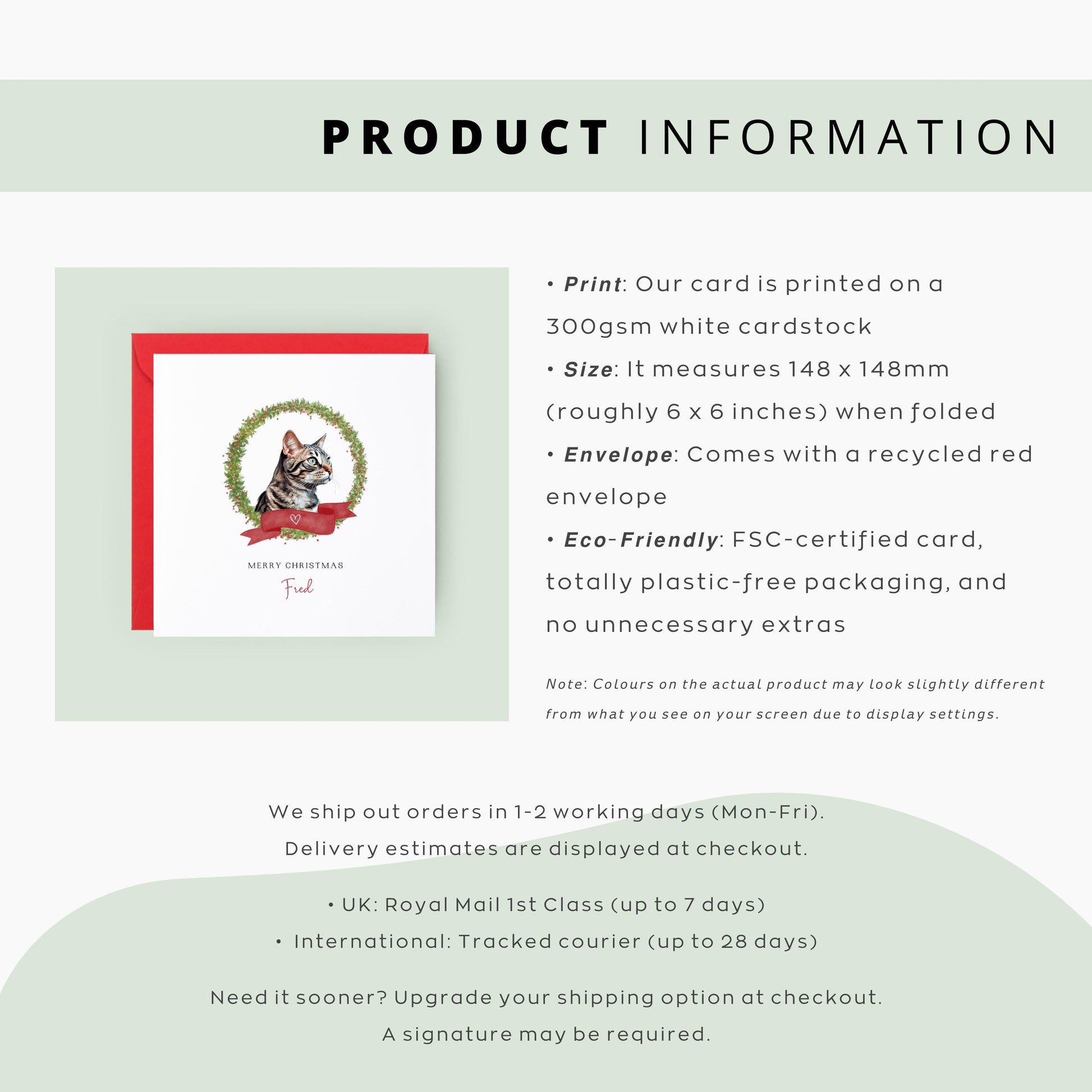 Personalised Californian Spangled cat Christmas card with festive wreath design. Ideal holiday card for Cat Mum, Cat Dad, or a cat sitter.