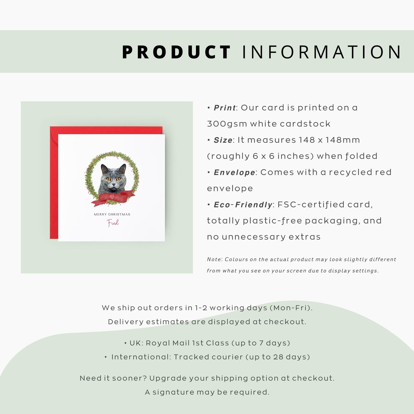 Personalised Chartreux cat Christmas card with festive wreath design. Ideal holiday card for Cat Mum, Cat Dad, or a cat sitter.
