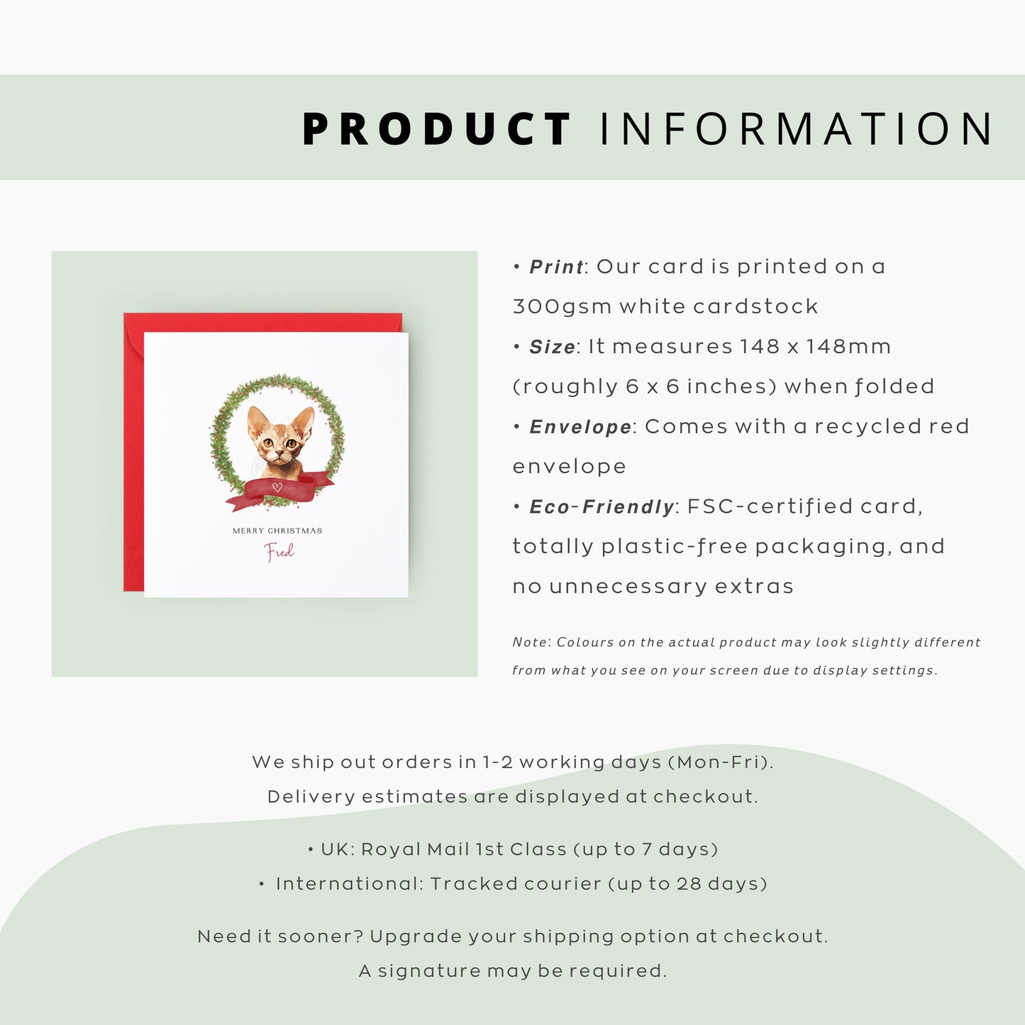Personalised Devon Rex cat Christmas card with festive wreath design. Ideal holiday card for Cat Mum, Cat Dad, or a cat sitter.