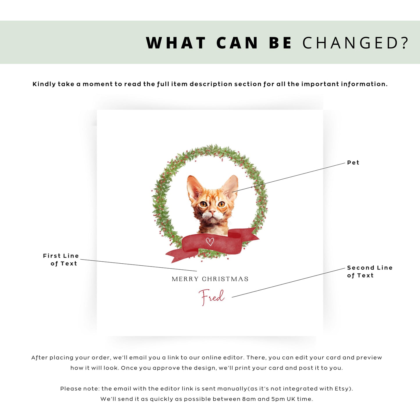 Personalised Devon Rex cat Christmas card with festive wreath design. Ideal holiday card for Cat Mum, Cat Dad, or a cat sitter.