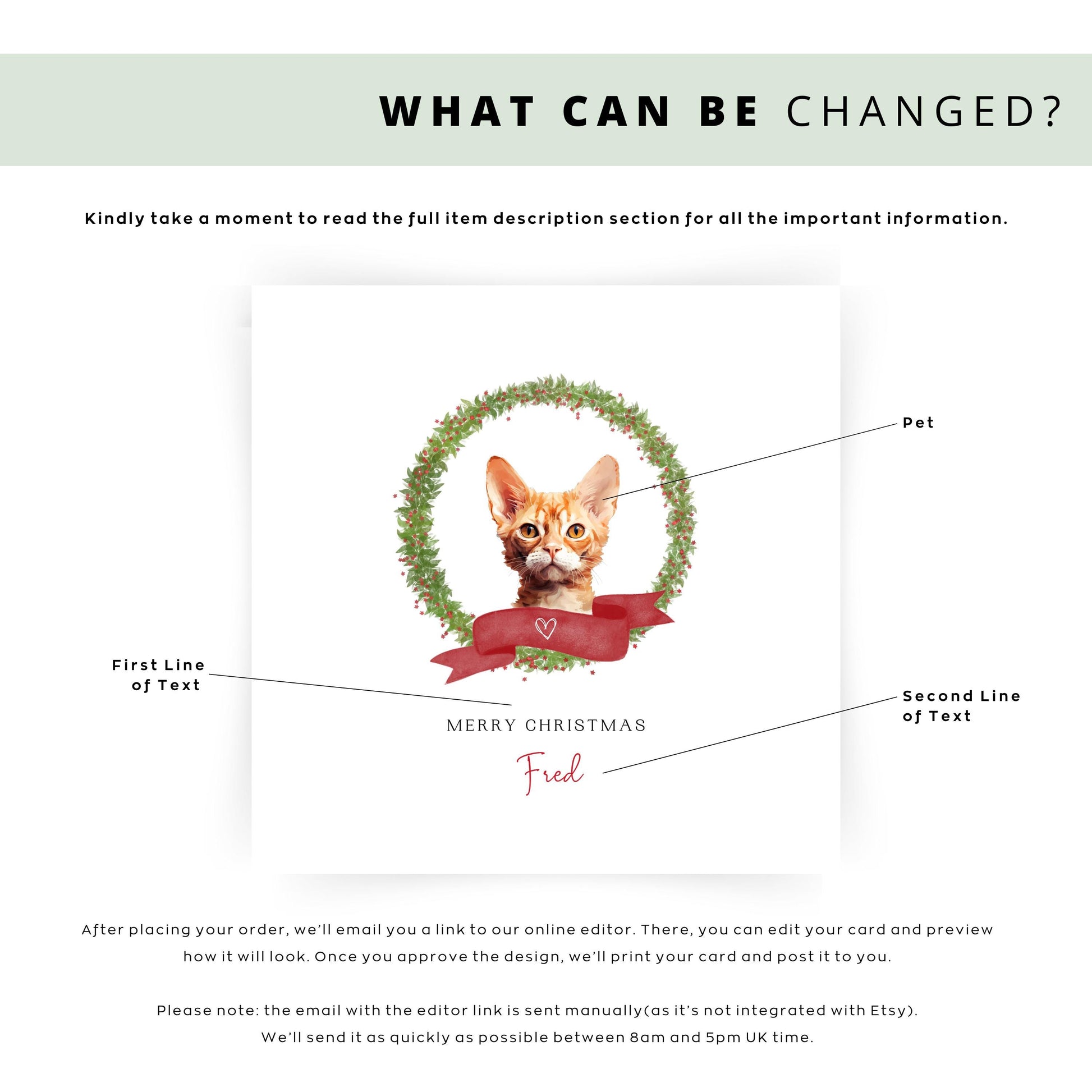 Personalised Devon Rex cat Christmas card with festive wreath design. Ideal holiday card for Cat Mum, Cat Dad, or a cat sitter.