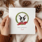 Personalised Devon Rex cat Christmas card with festive wreath design. Ideal holiday card for Cat Mum, Cat Dad, or a cat sitter.