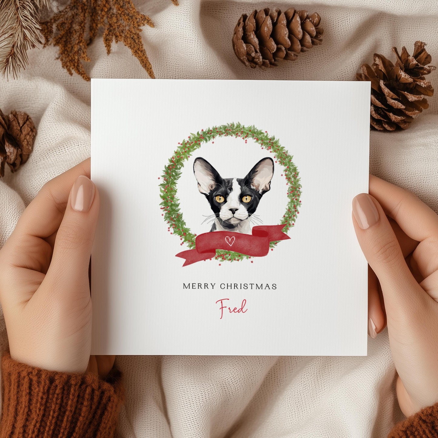 Personalised Devon Rex cat Christmas card with festive wreath design. Ideal holiday card for Cat Mum, Cat Dad, or a cat sitter.