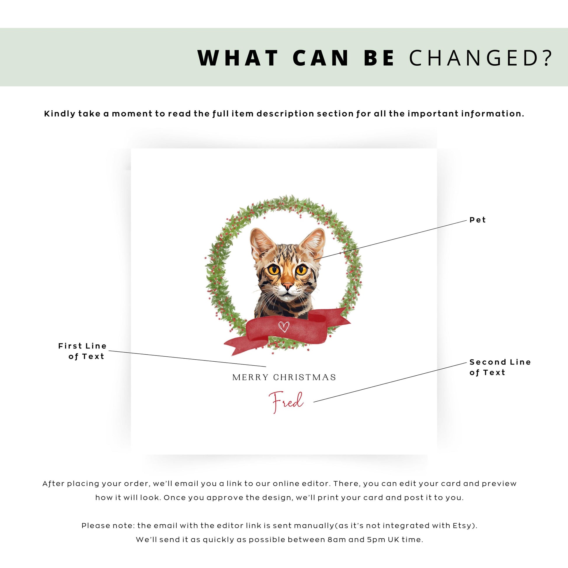 Personalised Ocicat cat Christmas card with festive wreath design. Ideal holiday card for Cat Mum, Cat Dad, or a cat sitter.
