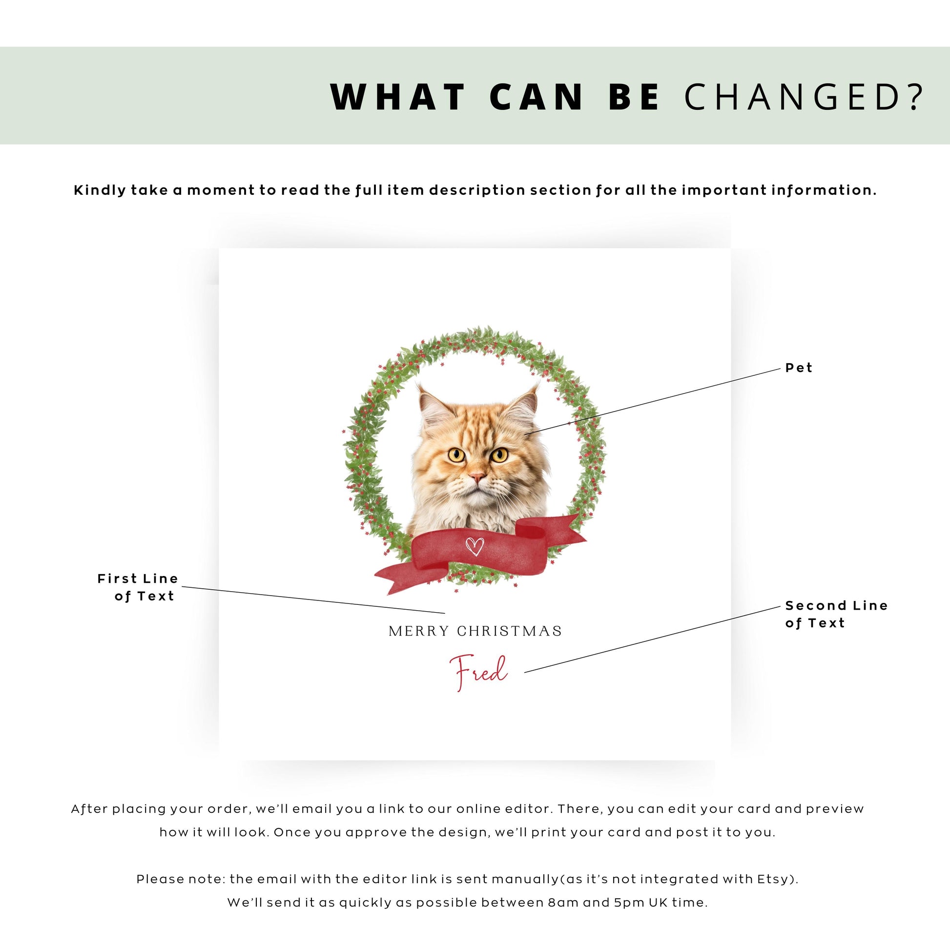 Personalised Selkirk Rex cat Christmas card with festive wreath design. Ideal holiday card for Cat Mum, Cat Dad, or a cat sitter.