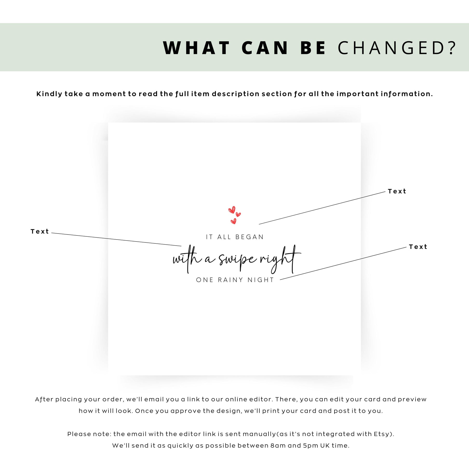Romantic card with “It all began with a swipe right one rainy night” – clean and modern typography.