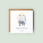 Personalised linen anniversary card featuring a ghost couple in Halloween costumes holding a pumpkin bucket, with custom names and wedding date.