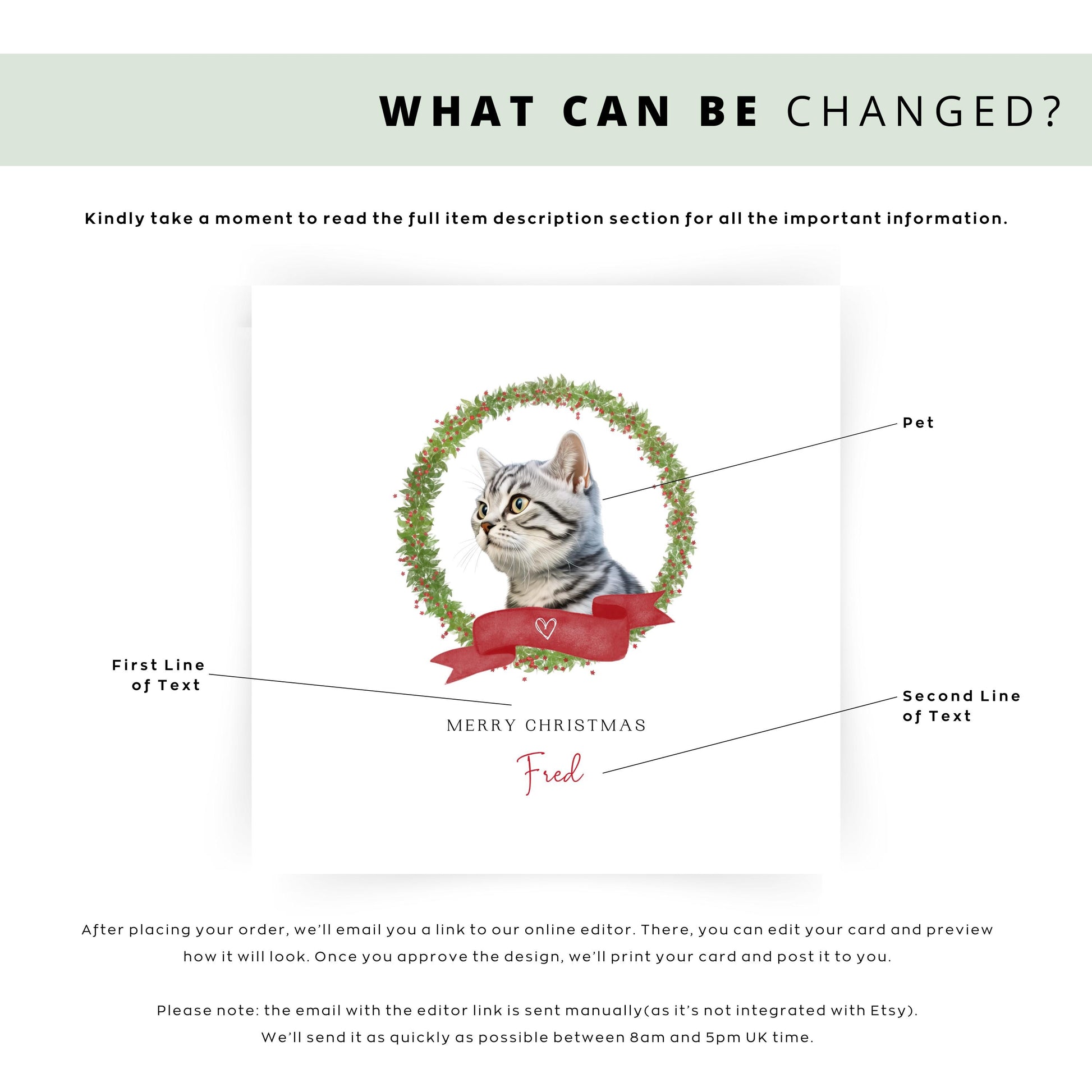 Personalised American Shorthair cat Christmas card with festive wreath and ribbon. Custom pet card for cat mums, cat dads, or sitters.