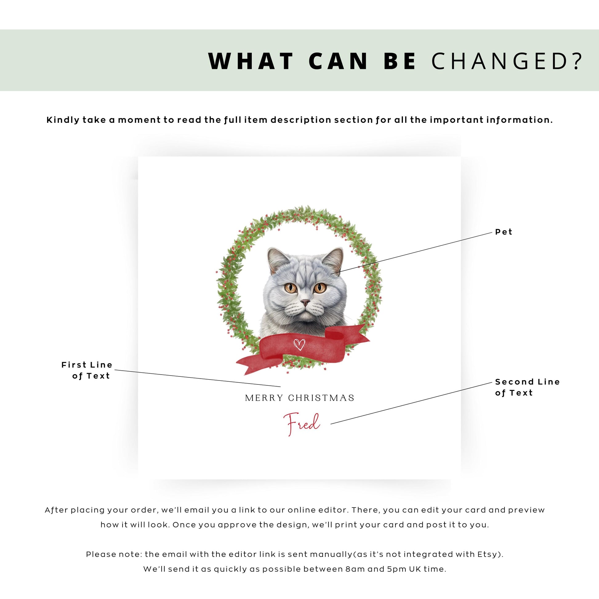 Personalised British Shorthair cat Christmas card with festive wreath design. Ideal holiday card for Cat Mum, Cat Dad, or a cat sitter.