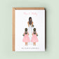 A customised &#39;Will You Be My Flower Girl Twins&#39; card with personalised options for the bride&#39;s and twins&#39; skin tones, hair, dresses, and a special message.