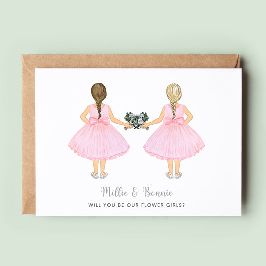 A personalised &#39;Will You Be My Flower Girl Twins&#39; card with customisable options for the twins&#39; dresses, skin tones, hair, and a unique message.