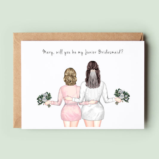 A versatile card with text for junior bridesmaid proposal, flower girl proposal, and bridesmaid thank you.