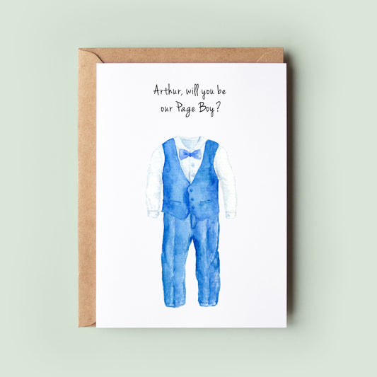 An elegant Page Boy Proposal Card by Ink and Fred, featuring customised illustrations and text, the ideal way to ask your little one to be your page boy, ring bearer, or best man.