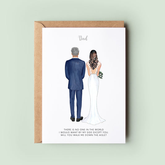 Personalised card to ask a loved one to walk you down the aisle, featuring customisable illustrations of the bride and male figure.