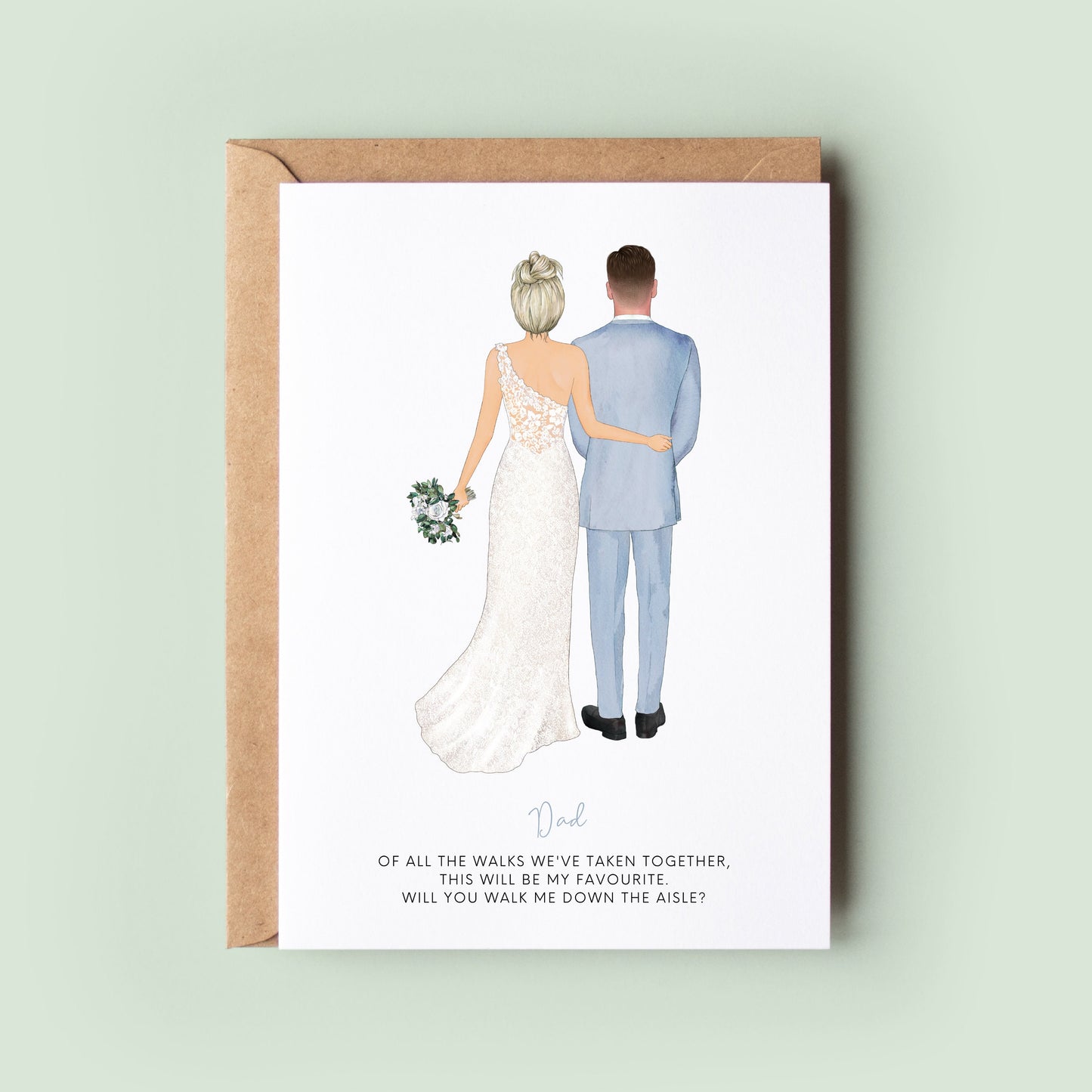 Customised Ink and Fred Wedding Card with personalised bride&#39;s dress, male&#39;s suit, and text, asking &quot;Will you walk me down the aisle?&quot;