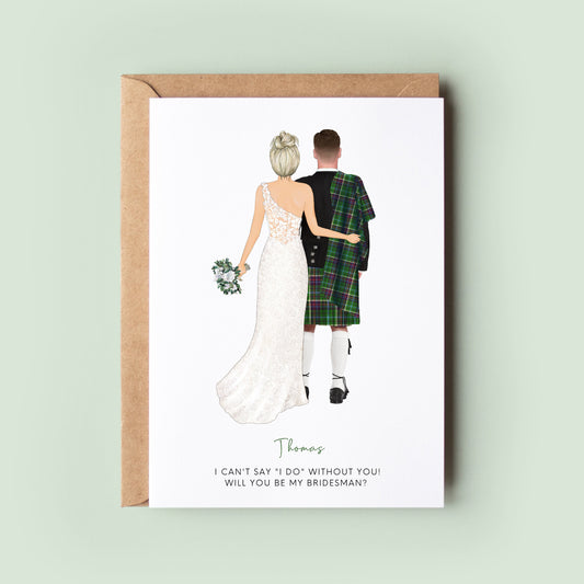 A personalised &#39;Will You Be My Bridesman&#39; card with options to customise the bride&#39;s dress, bridesman&#39;s suit, skin tones, and hairstyles.