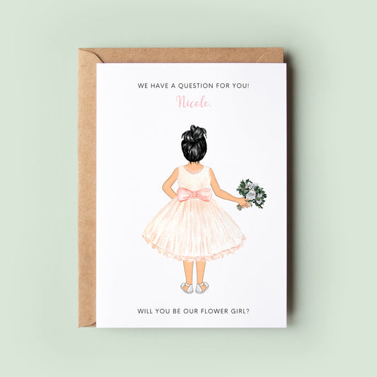A personalised Junior Bridesmaid Card, with customised dress, skin tone, and hair for the flower girl, along with editable text.
