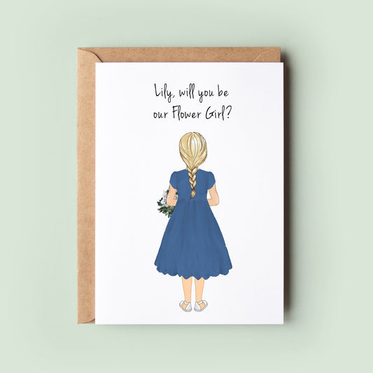 A personalised Flower Girl/Junior Bridesmaid card featuring a customised flower girl dress, skin tone, hair, and text.