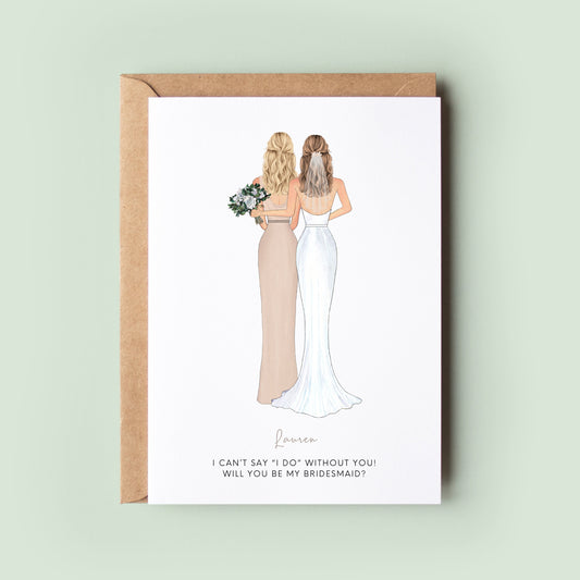 A personalised Will You Be My Bridesmaid greeting card featuring customisable skin tones, dresses, dress colours, and hairstyles, perfect for a Bridesmaid Proposal Box.